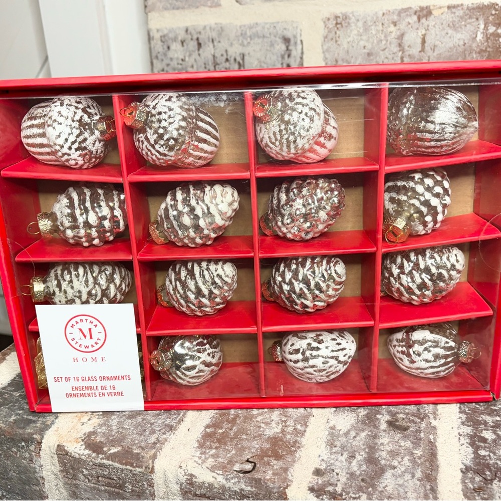 NEW Martha Stewart Silver Pinecone Acorn Mercury Glass Ornaments Set of 16